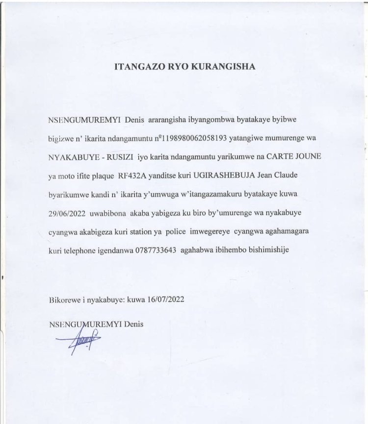 Itangazo ryo kurangisha ibyangombwa bya Nsengumuremyi Denis byabuze